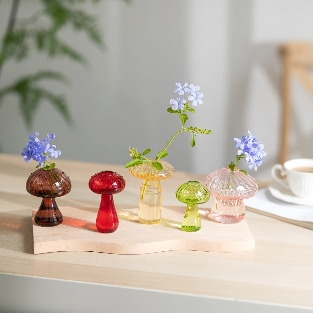 Glass Mushroom Vase Set 10 Pack Colored Small Bud Vases for Flowers, Cute Cottagecore Hydroponic Propagation Vases with Stripe Pedestal Design for Home Room Kitchen Office Windowsill Decor