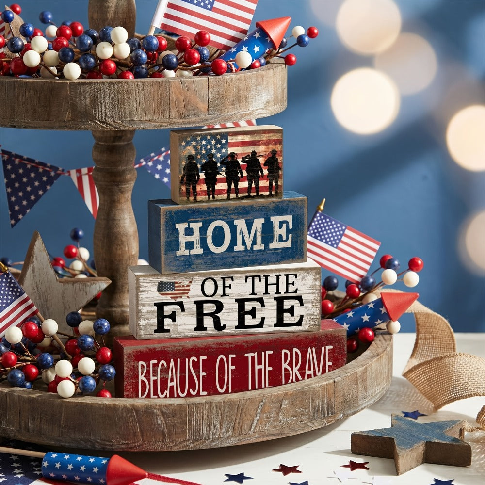 4th of July Tiered Tray Decor ¨C Patriotic Wooden Table Centerpiece with American Flag Signs for Independence Day, Memorial Day & Rustic Farmhouse Home Decor