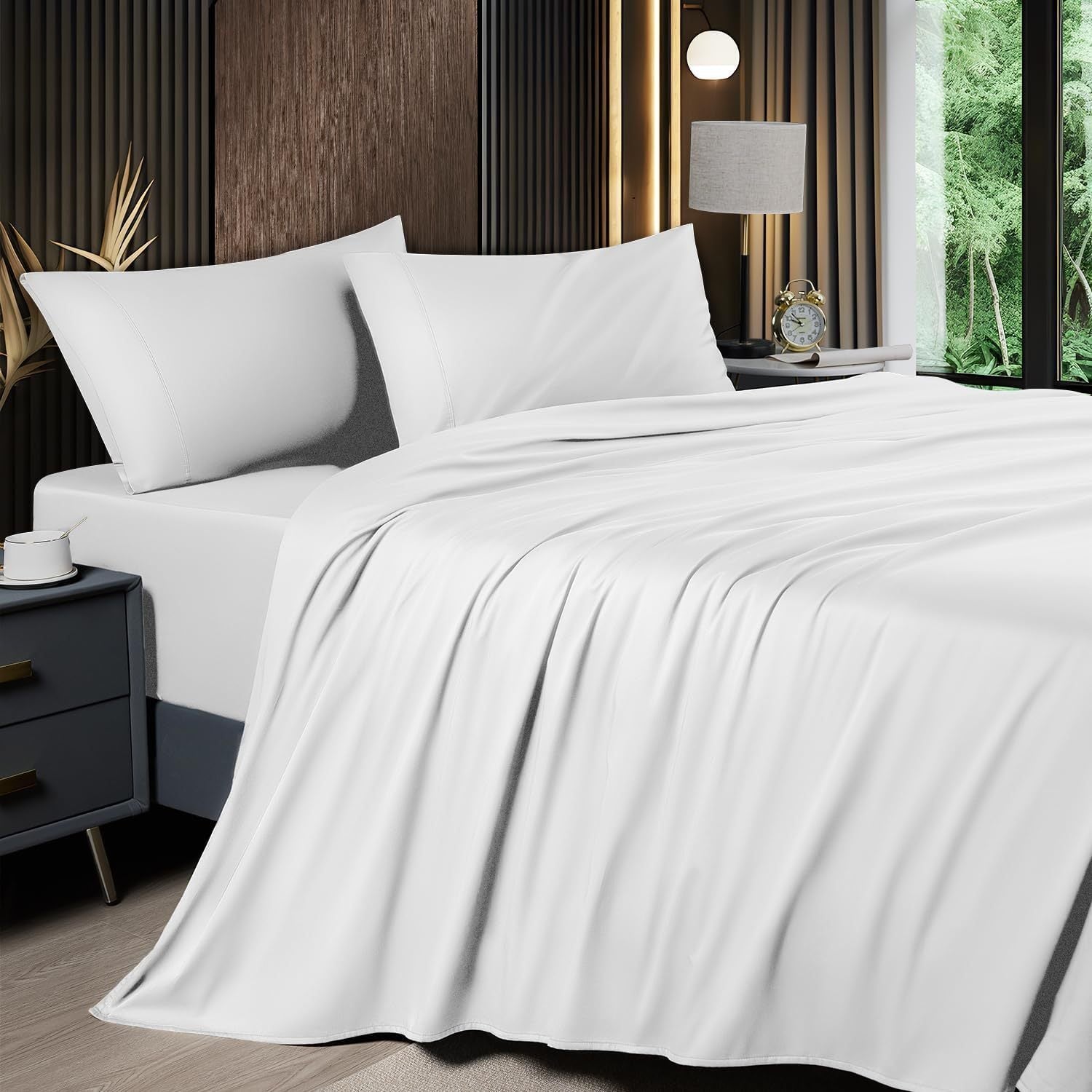 Cooling Sheet Set 4 Piece 2200TC Bamboo Blend - Silky Soft Deep Pocket 16 inch Fitted Sheet, Flat Sheet & Pillowcases, Breathable Luxury Bedding for Hot Sleepers Twin Full Queen King, Summer Chill Collection