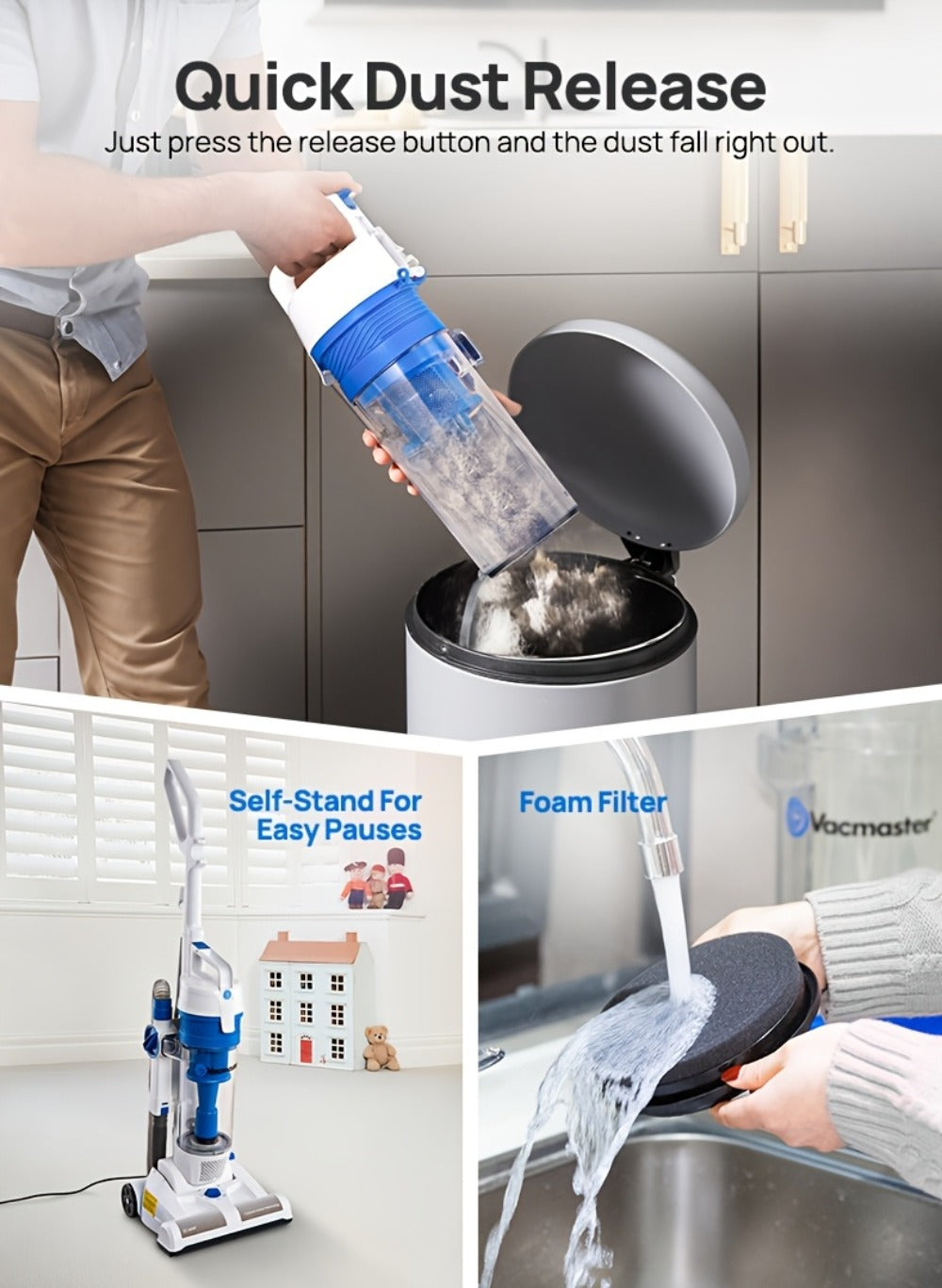 Bagless Upright Vacuum Cleaner Vacmaster UC0101 Strong Suction 20ft Cord 13-Inch Cleaning Path for Carpet Hard Floor Pet Hair Portable Home Floor Cleaner