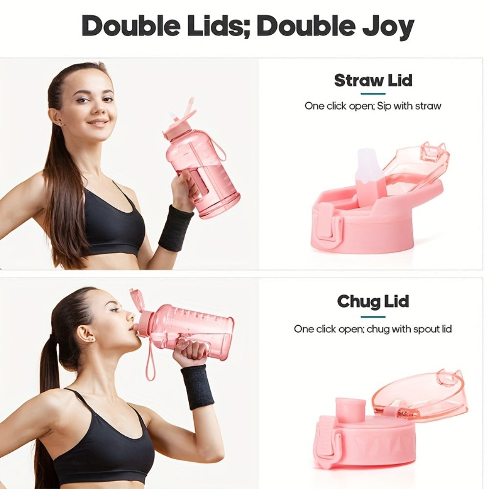 Half Gallon Water Bottle 74oz with Storage Sleeve & 2 Lids - Large Sports Water Jug for Gym, BPA-Free, Straw & Chug Lid, Time Marker, Shoulder Strap & Handle, Motivational Hydration Bottle