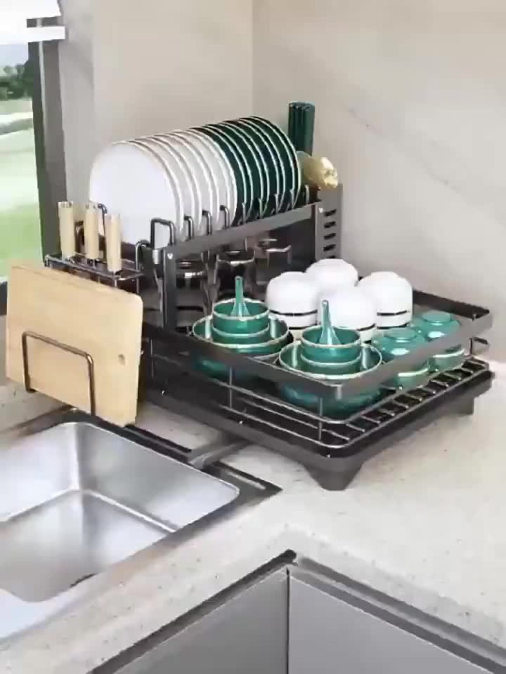 2-Tier Dish Drying Rack with Drainboard & Mat ¨C Metal Dish Rack for Kitchen Counter with Knife Fork Cup Holder