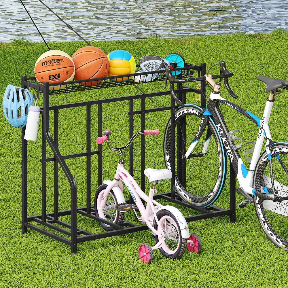 Freestanding Bike Storage Stand with Basket & Hooks ¨C Adjustable Floor Rack for 3-4 Bikes, Indoor Outdoor Garage Organizer