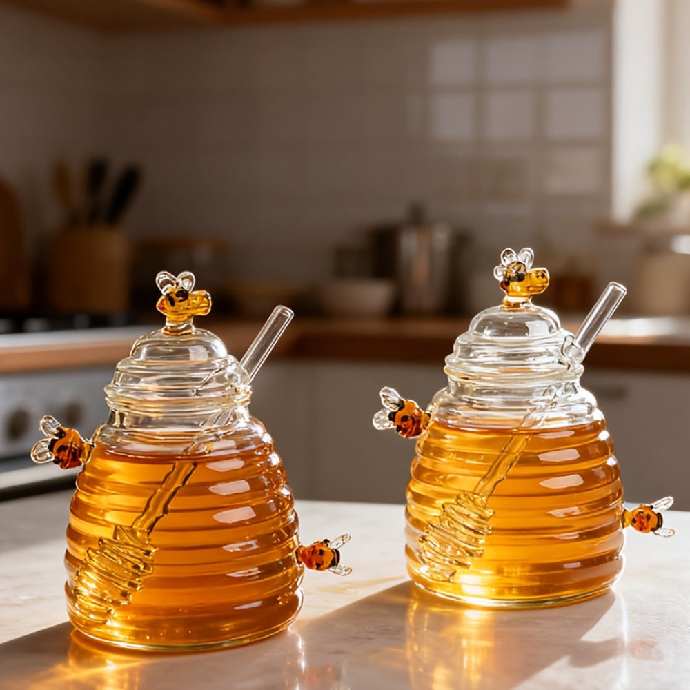 Glass Honeycomb Honey Jar with Lid and Stirrer | 480ml High Borosilicate Transparent Storage Container for Home Kitchen Wedding Party