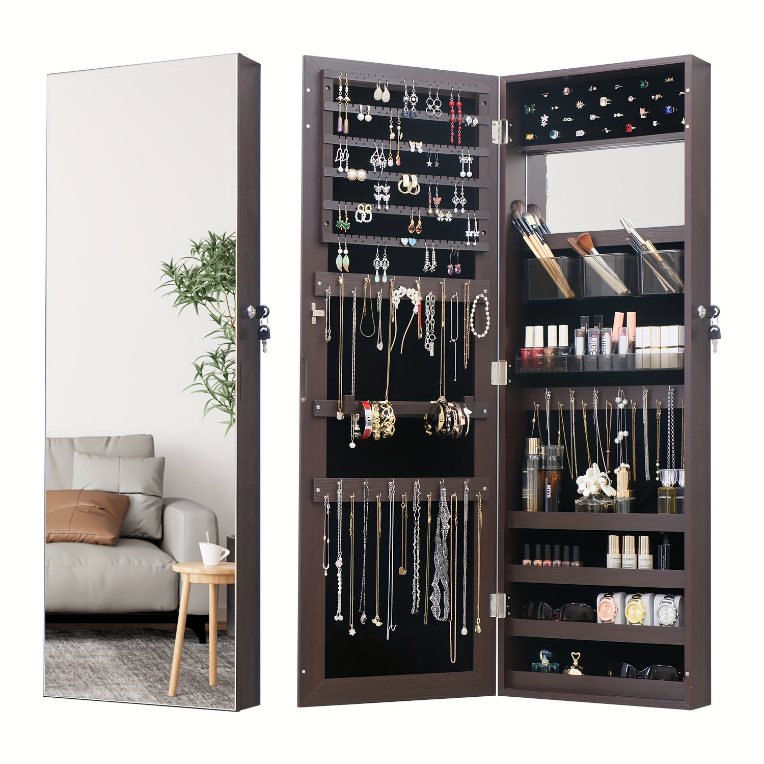 Full Length Mirror Jewelry Armoire Cabinet, 2-in-1 Lockable Over the Door Mirror with Jewelry Storage, Makeup Organizer with Baskets Bins & Hooks, Bedroom Vanity Jewelry Cabinet in Black White Brown