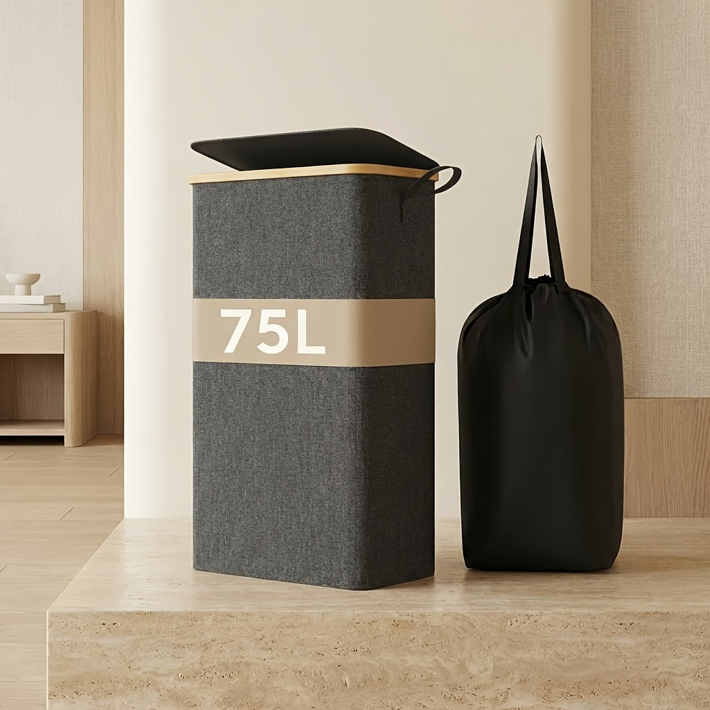 Slim Laundry Hamper with Lid & Removable Bag ¨C Foldable Narrow Clothes Basket with Bamboo Handles for Bathroom, Bedroom & Dorm ¨C 50L / 65L / 75L Space-Saving Collapsible Laundry Bin