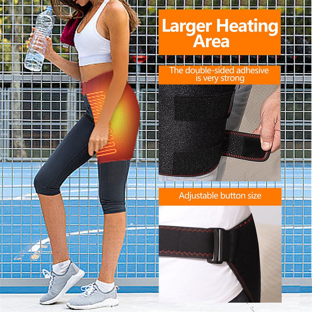 Heated Hip Brace Massager USB Electric for Men & Women - 3 Vibration & 3 Heat Settings Hip Thigh Support Wrap with Heating Pad, Hamstring Pain Relief Brace, USB Rechargeable, Black