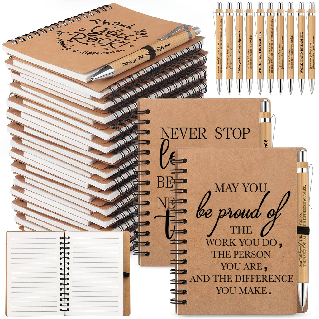 Spiral Notebooks with Retractable Bamboo Pens Bulk Gift Set ¨C 30 Pack Inspirational Journals Thank You Gifts for Teachers Employees Back to School Encouragement Notepad