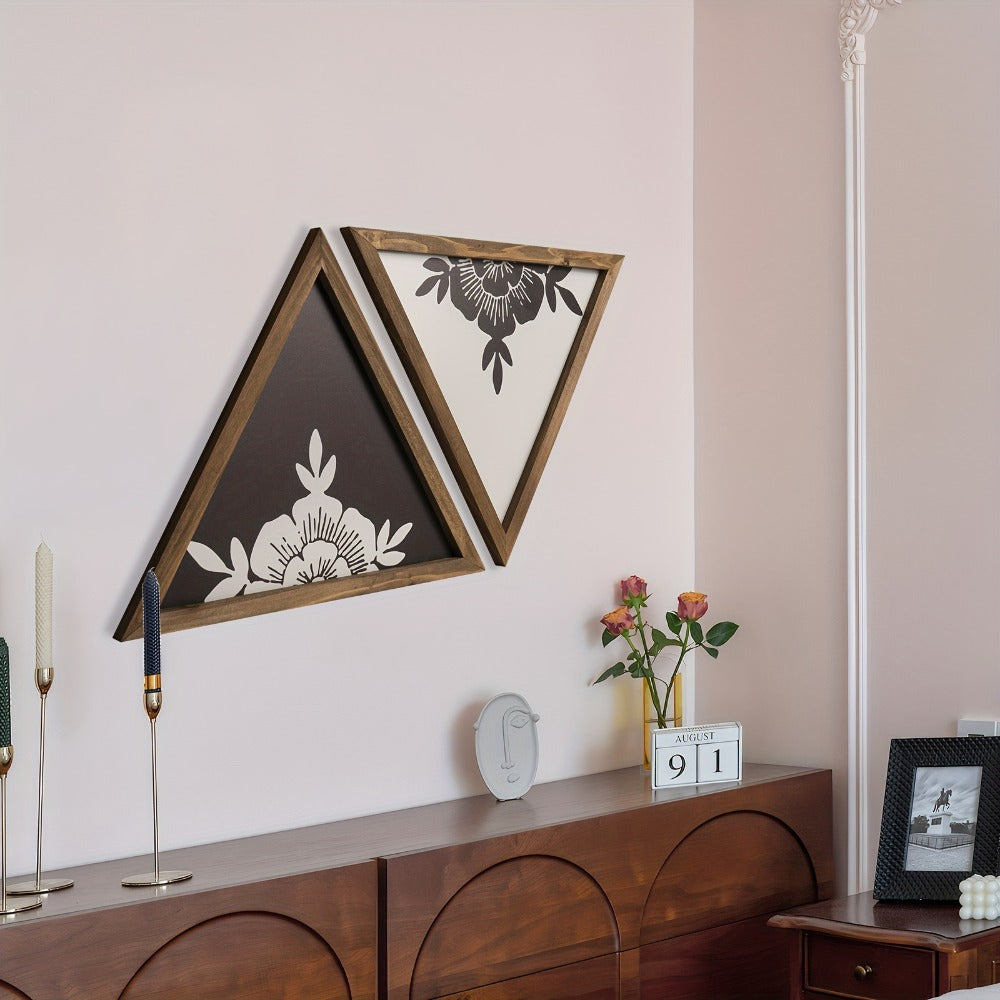 Boho Floral Wall Art Framed ¨C Wooden Botanical Wall Decor with Black & White Geometric Triangles, Vintage Boho Style for Bedroom, Bathroom & Living Room Home Decoration