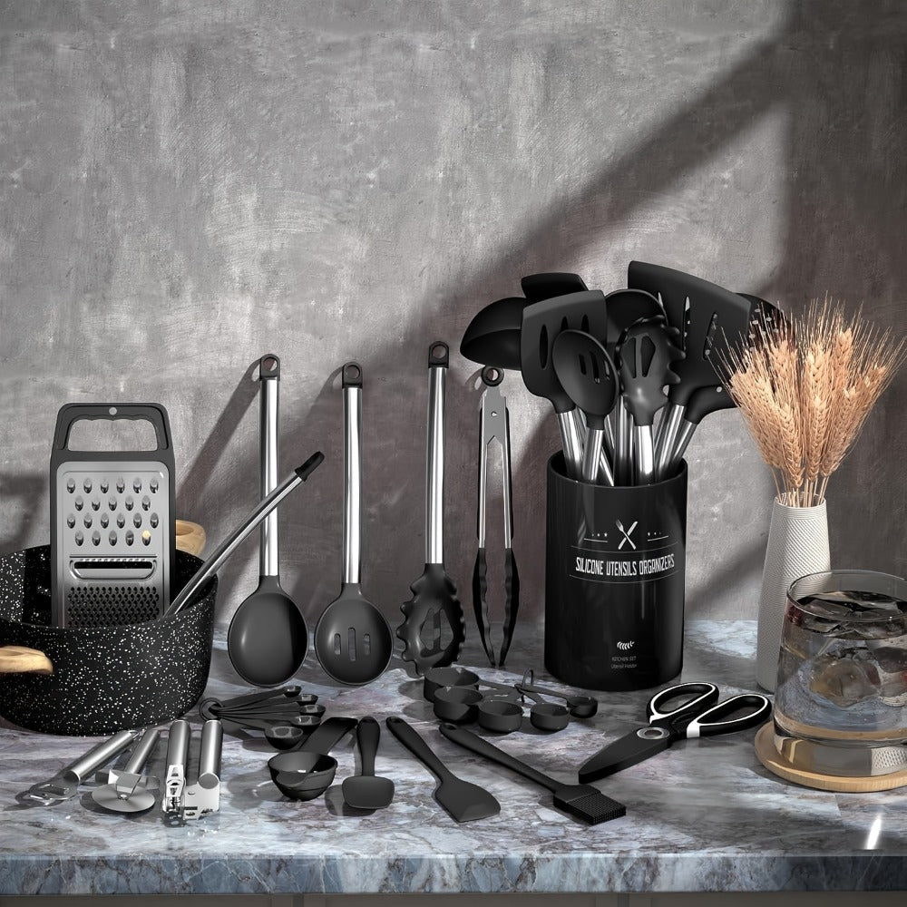 Silicone Cooking Utensils Set 34 Piece with Stainless Steel Handle, Heat Resistant Kitchen Gadgets Tools for Nonstick Cookware, Spatulas Spoons Tongs Whisk Complete Kitchen Accessories Gift Set