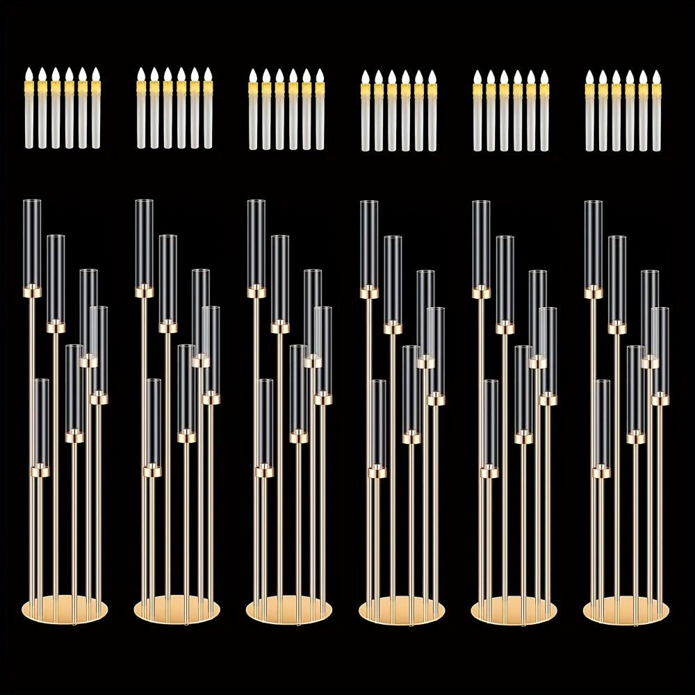 Floor Candelabra 6-Arm 46 Inch Gold Metal Candlestick Set with 12pcs LED Candles & Acrylic Shades, Tall Wedding Centerpiece Candle Holder for Valentine's Day Anniversary Party Home Decor