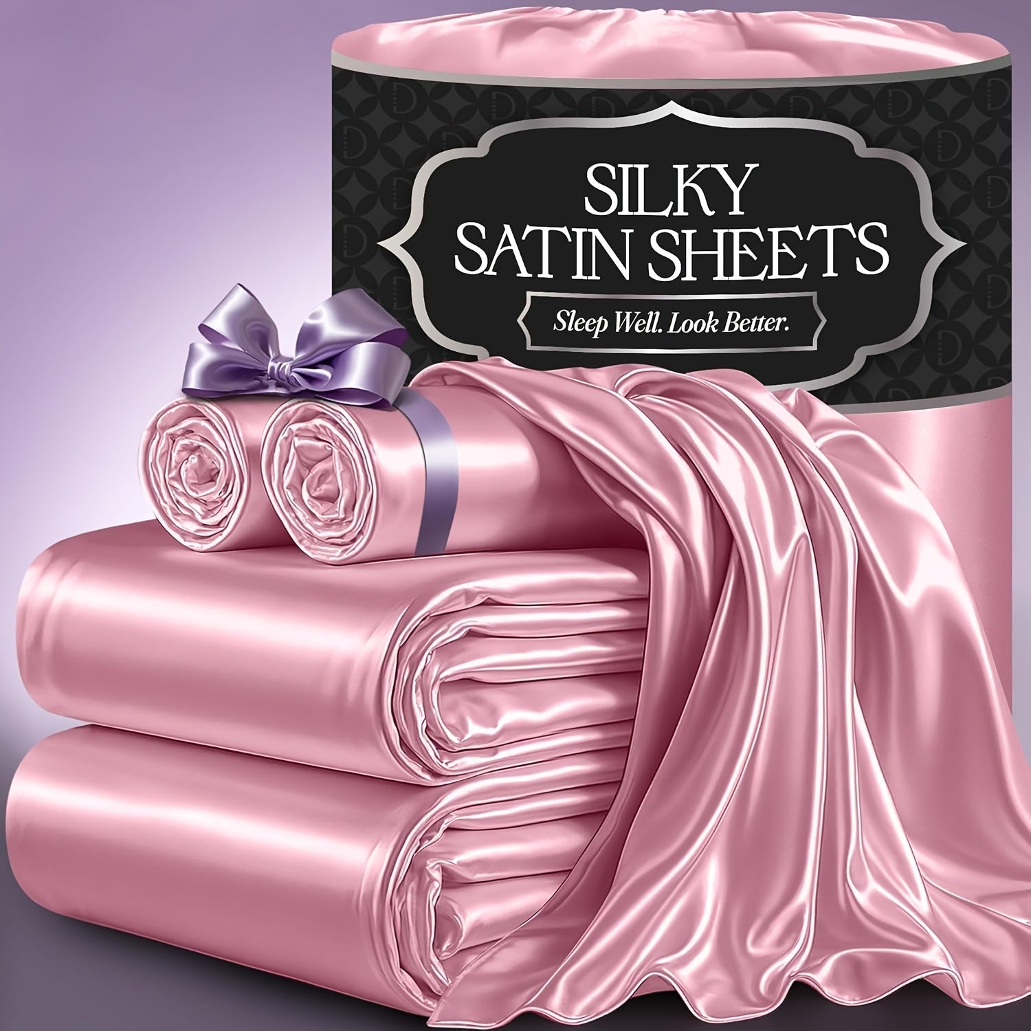 Satin Bed Sheet Set 4-Piece, Cooling Silky Soft Microfiber Sheets with Deep Pocket Fitted Sheet, Flat Sheet & 2 Pillowcases, Breathable Lightweight Bedding for Twin Full Queen King