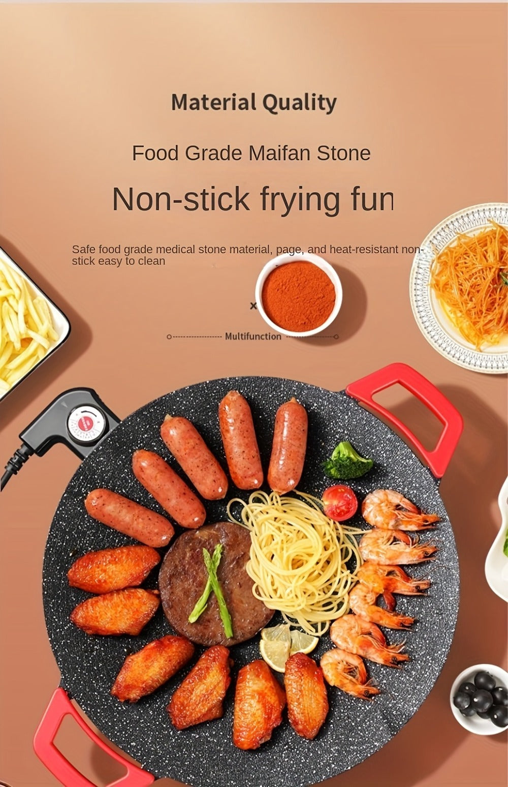 Korean BBQ Grill Pan ¨C Round Non-Stick Multi-Functional Electric Grill Pan with Red Handle & Adjustable Settings, Home & Outdoor BBQ Pot for Family Gatherings, Available in 14.17¡± & 15.75¡±