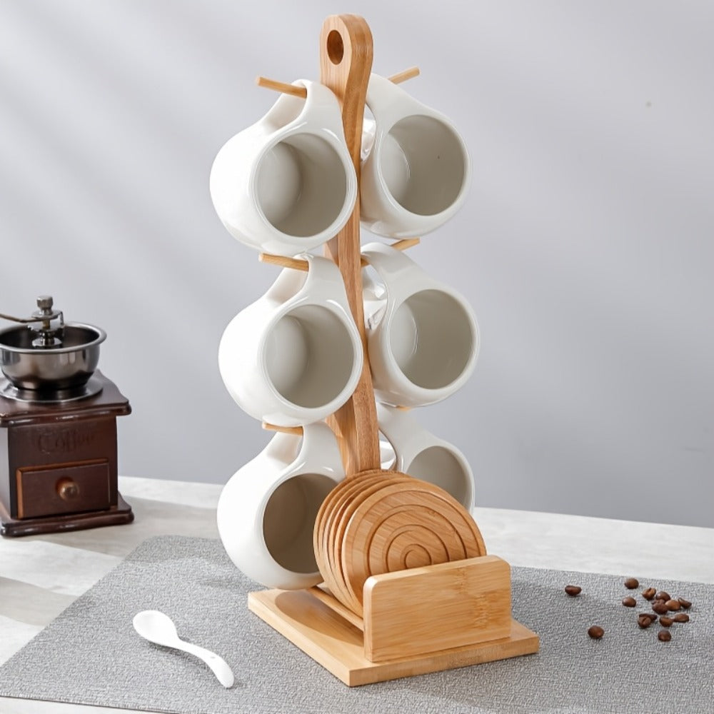 Ceramic Coffee Cup Set of 6 with Wooden Coasters & Cup Holder | 200ml Latte Cappuccino Espresso Tea Mugs | Home Office Caf¨¦ Gift Set