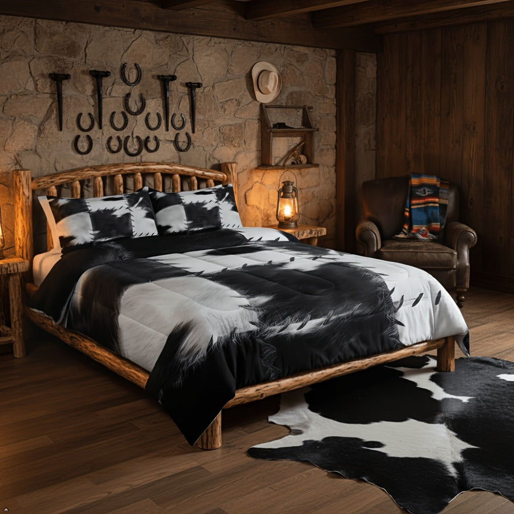 Cowhide Print Comforter Set 2/3pcs, Farmhouse Western Faux Animal Fur Bedding, Patchwork Cow Skin Quilt Set for All Beds, Soft Cozy Grey White