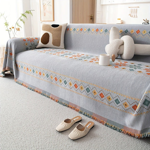 Bohemian Embroidery Chenille Sofa Cover 300GSM - Machine Washable Knit Weave Slipcover for 2 3 4 Seater Sectional Sofa No Padding, 5 Colors
