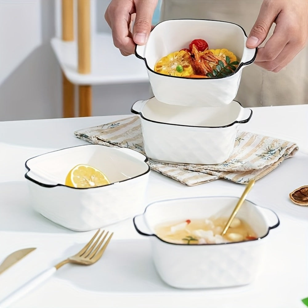 Ceramic Baking Dish Set 4-Piece, 13oz Small Square Ceramic Casserole Dishes with Handles, Diamond Design Oven & Microwave Safe Bakeware, 5.7x4.5x2.2 Inch Air Fryer Ceramic Dishes for Individual Servings