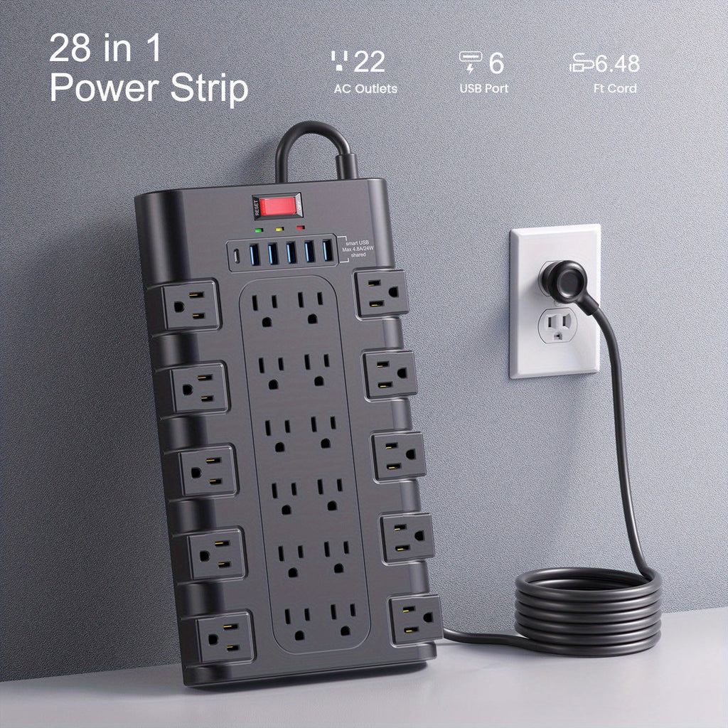 Power Strip Surge Protector 28-in-1 with 22 Widely Spaced Outlets 5 USB-A 2 USB-C Ports 2100 Joules Flat Plug Wall Mountable 6.48FT 14AWG Heavy Duty Extension Cord for Home Office