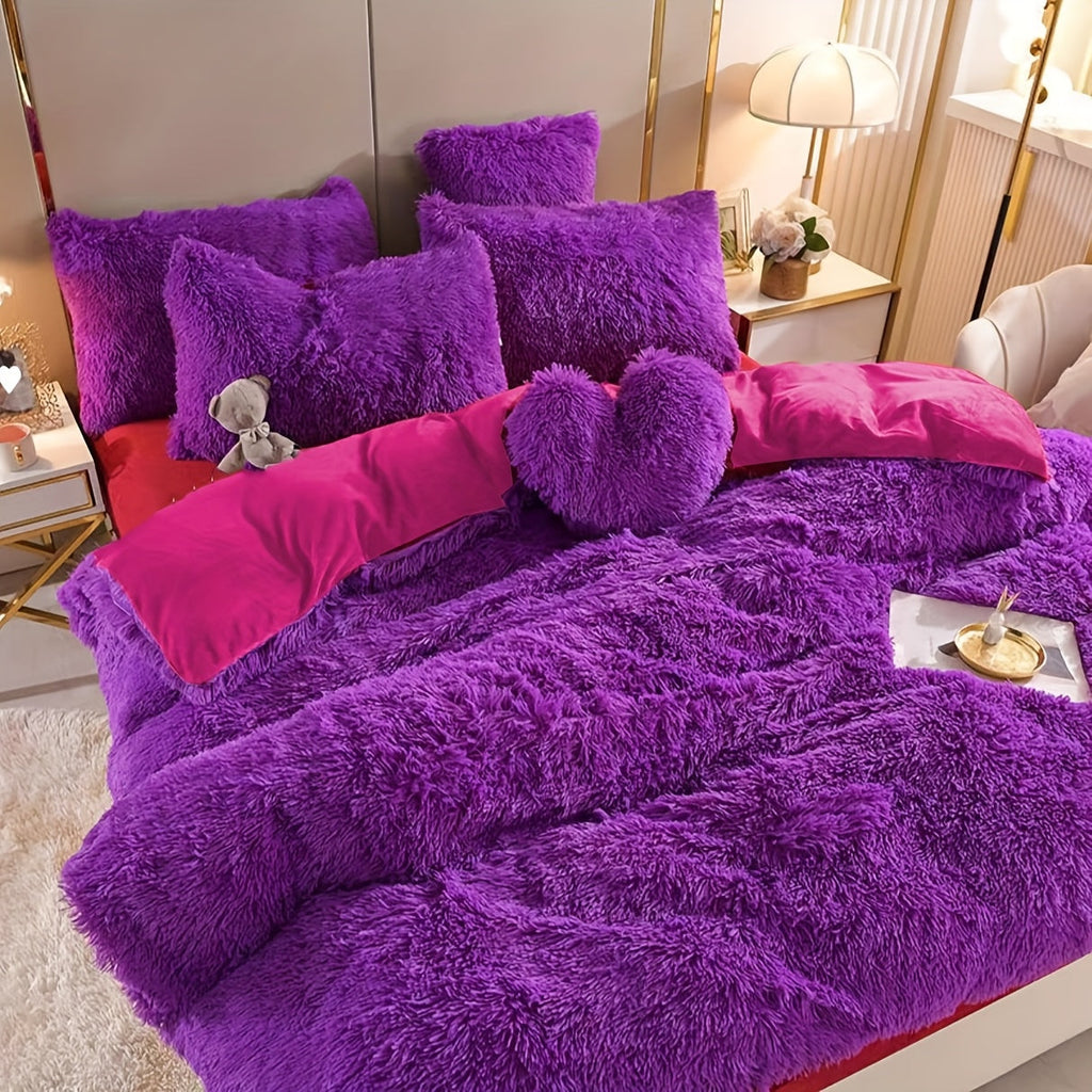 Fluffy Bedding Set 4pcs Soft Warm Plush Duvet Cover with Pillowcases Queen King - Cozy Autumn Winter Comforter Set 8 Colors
