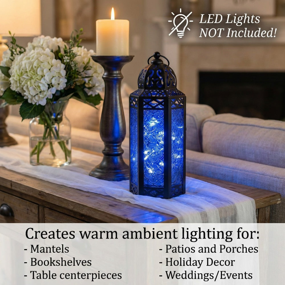 Moroccan Candle Lantern Holder - Decorative Metal & Glass Lantern with Embossed Floral Design for Indoor Home Decor, Garden, Patio, Weddings, Ramadan, Halloween & Holiday Celebrations - 10.5¡± Tall Medium Size