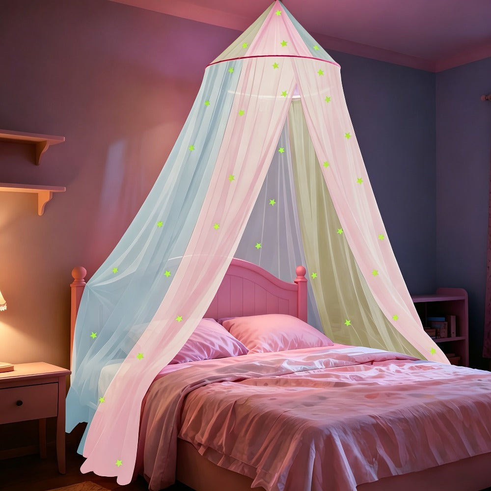 Bed Canopy for Girls Princess Rainbow Glow in the Dark Stars Colorful Canopy Curtain Fits Single Full Queen Size Bed Kids Room Decor Ceiling Tent Netting Machine Washable