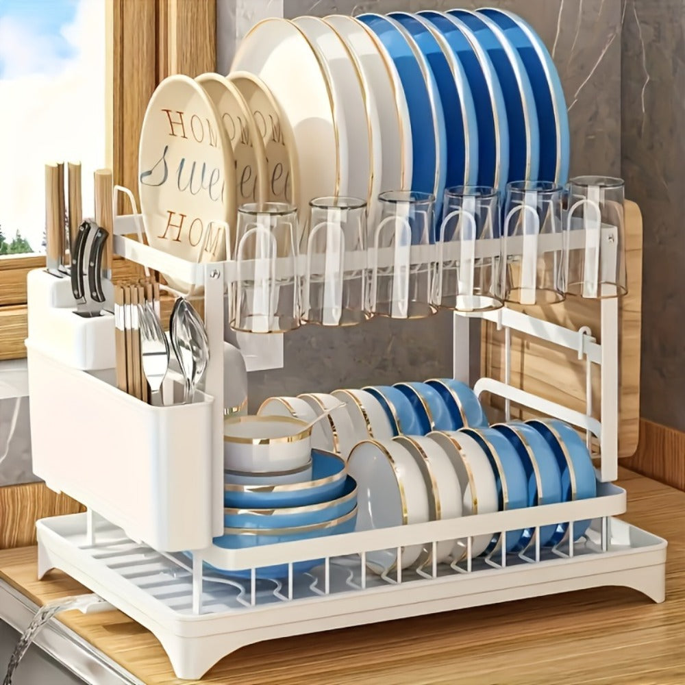 2-Tier Dish Drying Rack with Drip Tray Large Kitchen Counter Dish Drainer