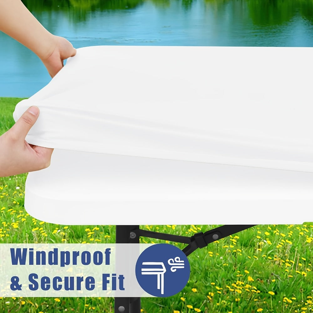 Stretch Table Covers 6Ft Washable Elastic Rectangle Tablecloth for Parties Weddings Picnics Camping, Spandex Polyester Blend, Fits Standard 6 Foot Tables, Set of 3 6 9 or 12, Black White Blue