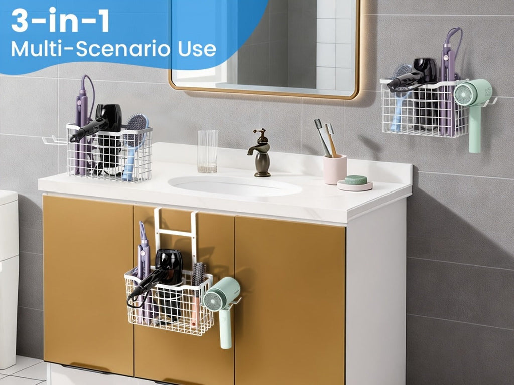 Hair Tool Organizer Wall Mounted Holder for Hair Dryer Curling Iron Straightener 3 Adjustable Heights Bathroom Storage