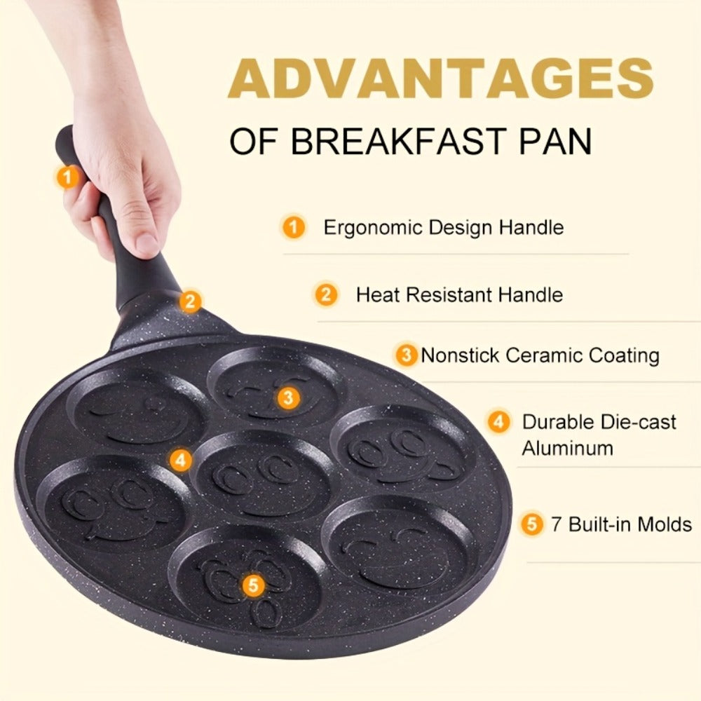 7-Hole Non-Stick Pancake Pan Smiley Face ¨C Aluminum Alloy Breakfast Maker with Detachable Handle for Gas Stove | Oven & Dishwasher Safe Crepe Waffle Egg Mold Cooking Pan Even Heat Distribution Black