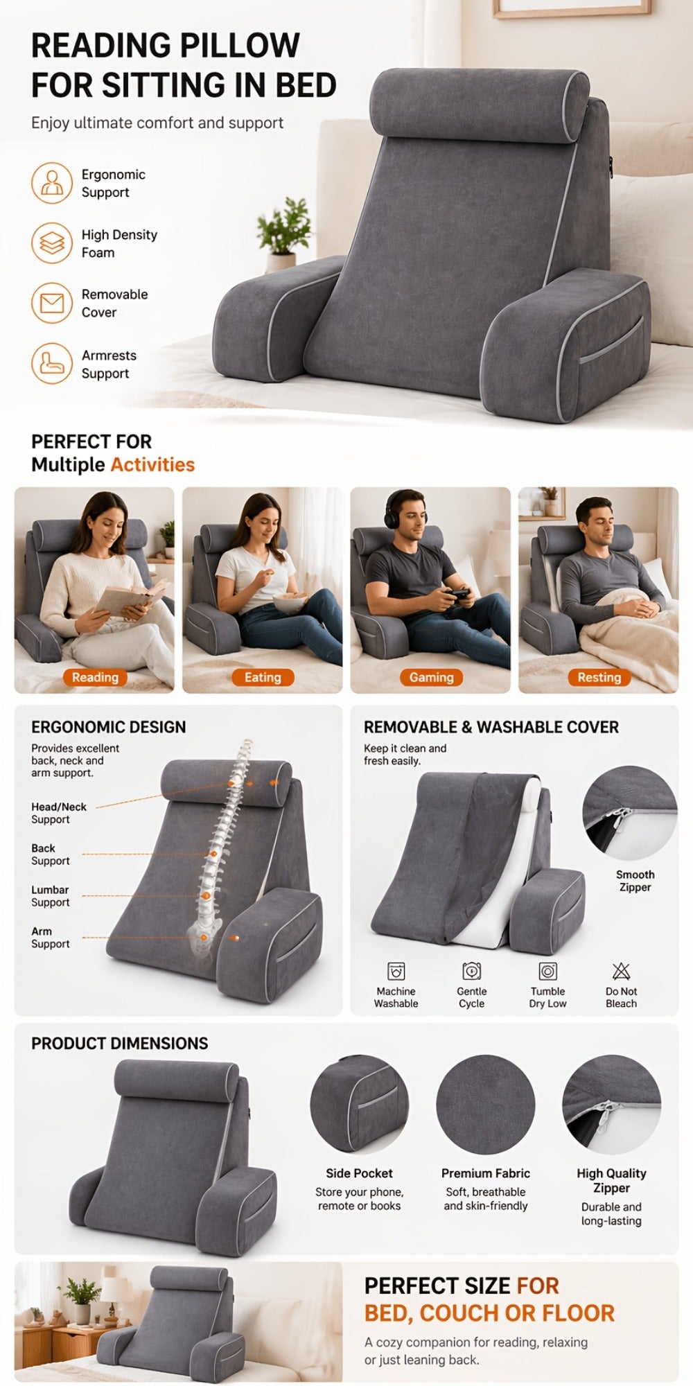 Reading Pillow for Adults Bed Rest Pillow with Arms 19 Inch Back Support Cushion Removable Washable Cover for Sitting Up in Bed Gaming Watching TV Reclining on Couch or Floor Backrest Wedge Pillow Grey