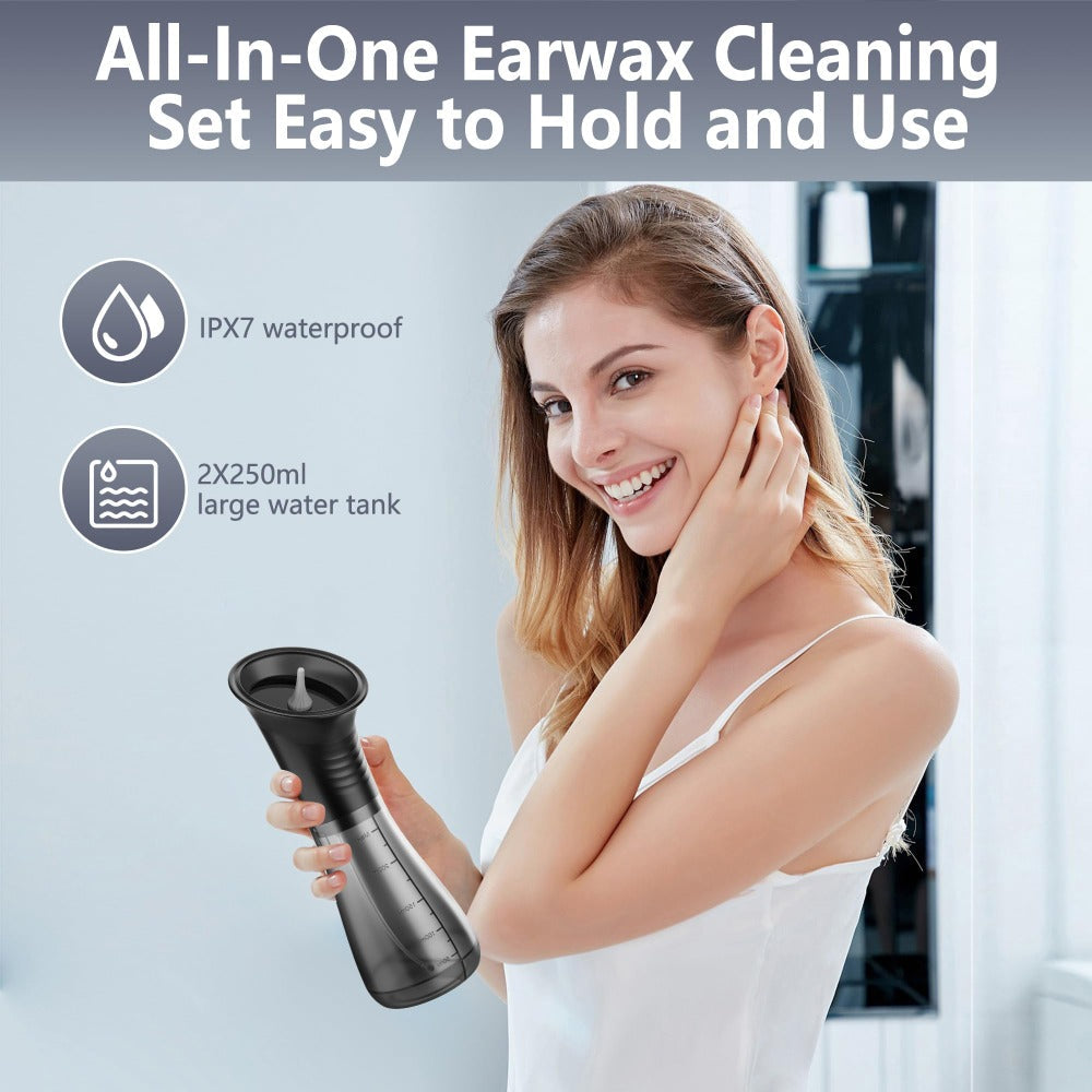 Electric Ear Wax Removal Kit with One-Piece Waste Tank ¨C Water Temperature Sensor, 2000mAh Battery, LED Power Display, Professional Safe Ear Irrigation Cleaner