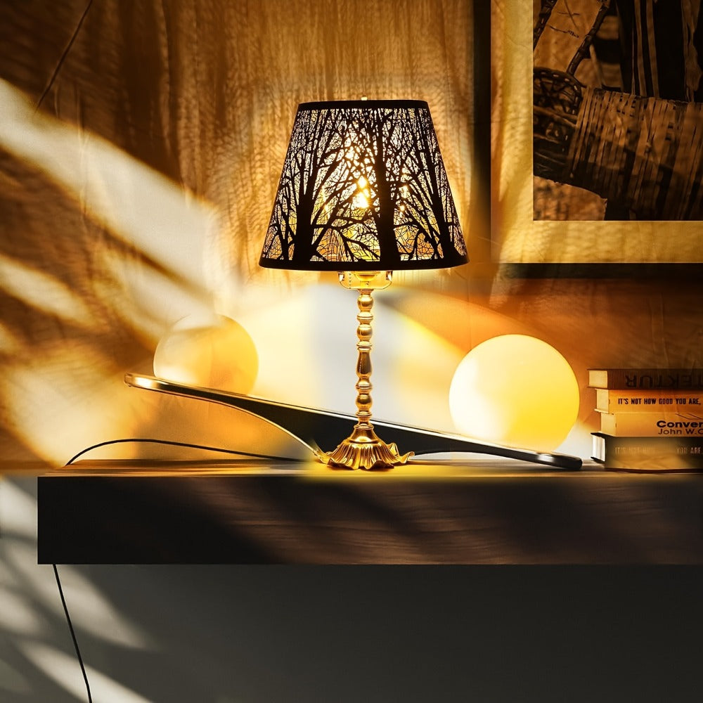 Metal Lampshade Etched Forest & Leaf Design | Black Exterior Gold Interior | Barrel Lamp Shade for Table Lamp & Floor Lamp | Medium Large Decorative Lampshade 7x13x7.8 inch