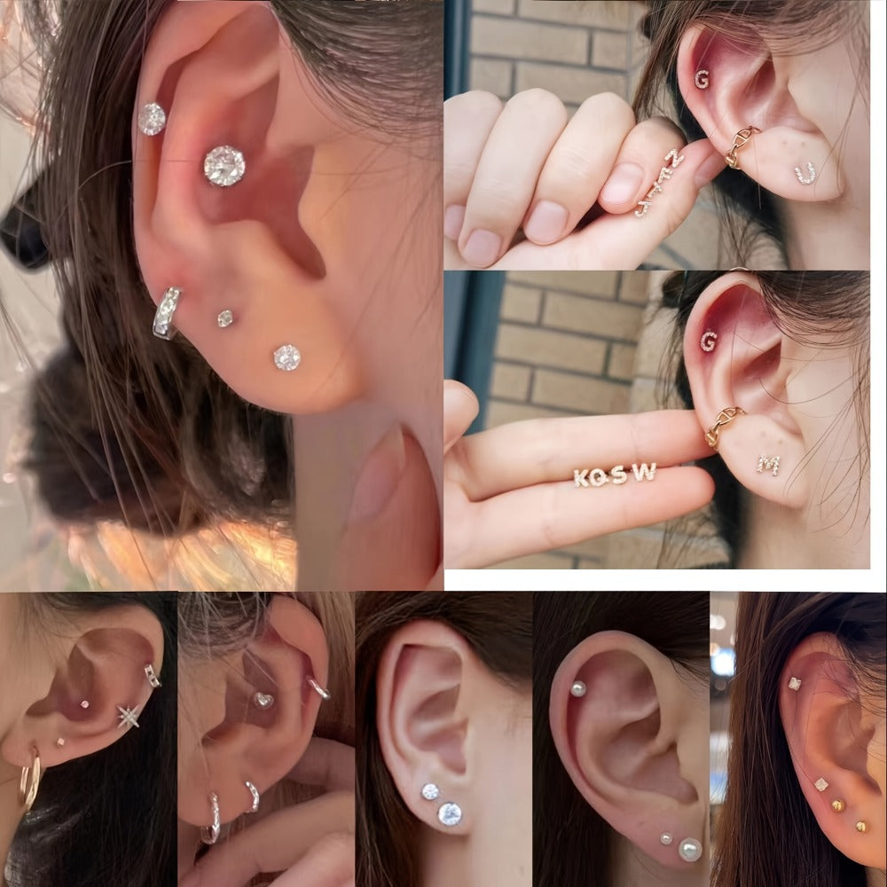 Ear Piercing Gun Kit 36pcs - 24 Stainless Steel Studs & 12 Crown-Shaped Earrings with Reusable Black Piercing Tool, Marking Pen & Stainless Steel Jewelry Set for Home Salon Use