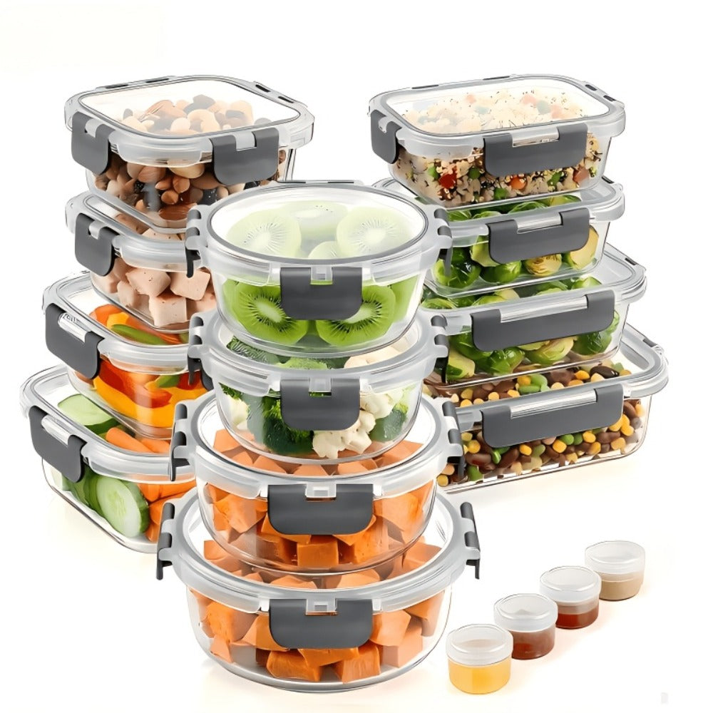 Glass Meal Prep Containers 24-Piece with Lids 12 Containers 12 Lids Leak-Proof Airtight Food Storage Microwave Oven Dishwasher Refrigerator Safe Bento Lunch Box Grey