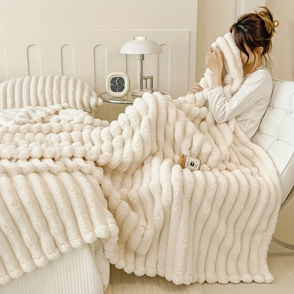 Reversible Faux Rabbit Hair Blanket ¨C Thickened Soft Thermal Throw for Bed, Nap, Office & Camping, All Season, 4 Colors, 5 Sizes