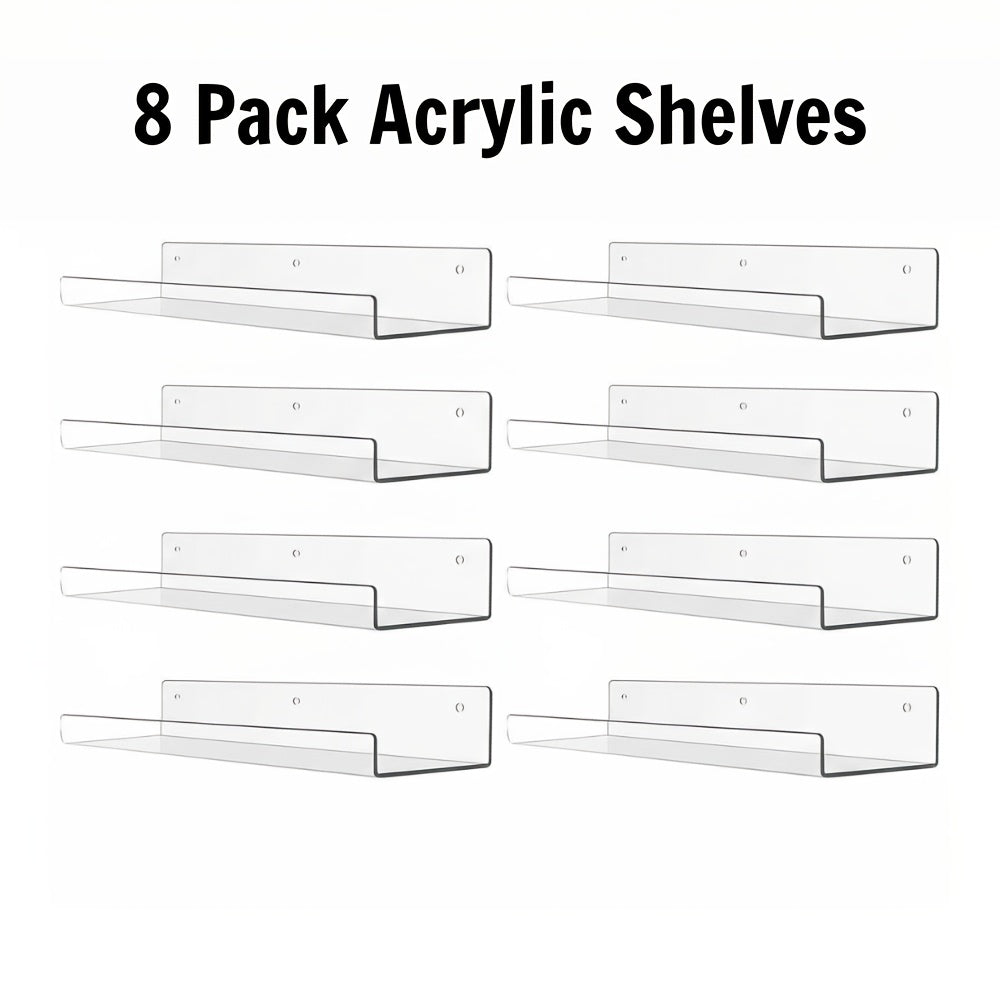 Acrylic Floating Wall Shelves - Clear Display Shelf Organizer for Bathroom, Bedroom, Living Room & Kitchen, 15x4 Inch Wall Mounted Storage Bookshelf, Set of 4/8/16 Pack Room Decor