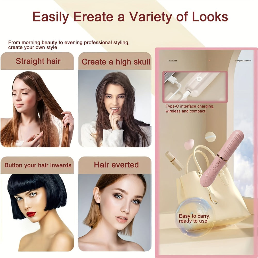 Cordless Hair Straightener Brush USB-C Rechargeable 2000mAh Lithium Battery 3-Level Temperature Control Dual-Use Straightening and Curling Portable Travel Styler for Women