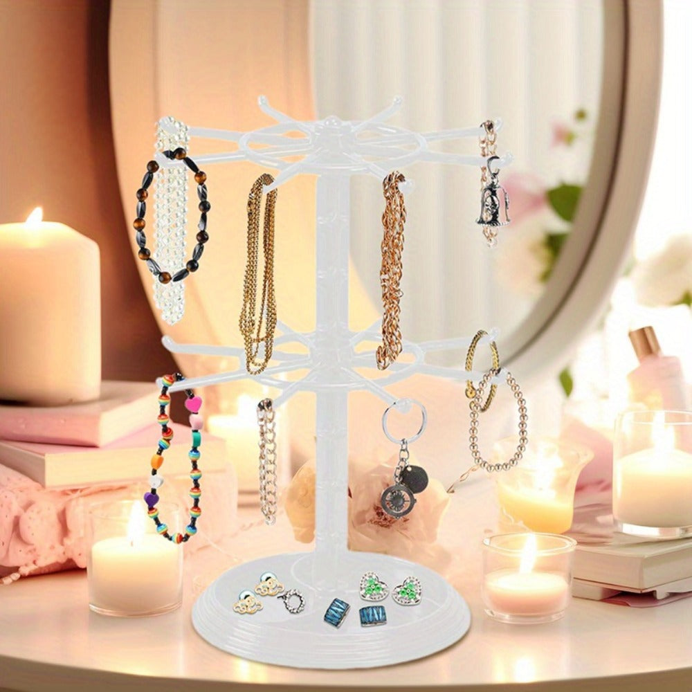 Rotating Jewelry Stand 2-Tier Black ¨C Necklace Bracelet Earring Organizer Display Rack, Plastic Hanging Jewelry Tower for Dressing Table Counter, Keychain Holder, No Electricity Needed