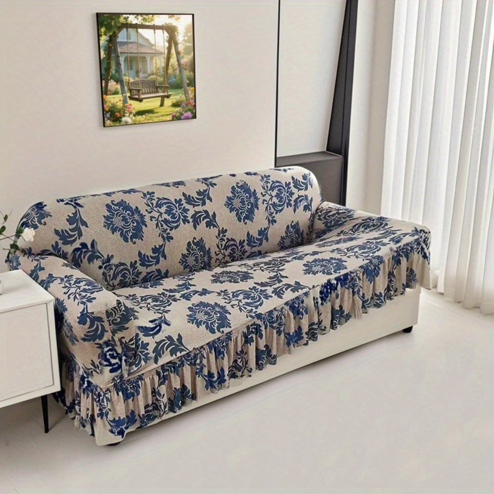 Stretch Sofa Cover Slipcover High-Stretch Fabric Ruffle Skirt Non-Slip Rod All-Season Snug Fit for 1 2 3 4 Seater Couch ¡ª Dark Blue with Pillow Cover