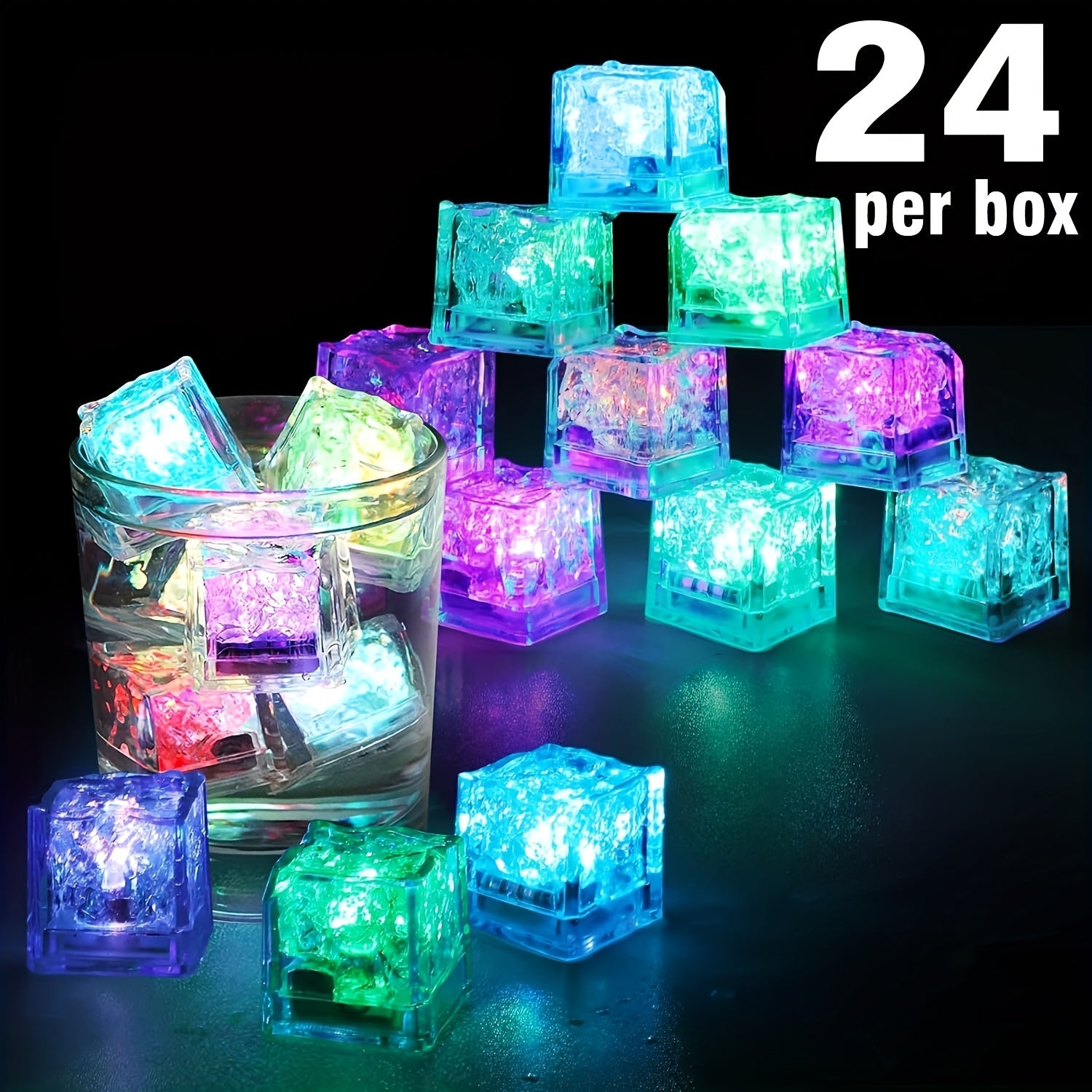 LED Ice Cube Lights Reusable Mixed Color, Flashing Sensory Light-Up Ice Cubes for Bar, Party & Wedding Decoration ¡ª Bulk Set of 24 or 48 | Eco-Friendly Promotional Event Lights