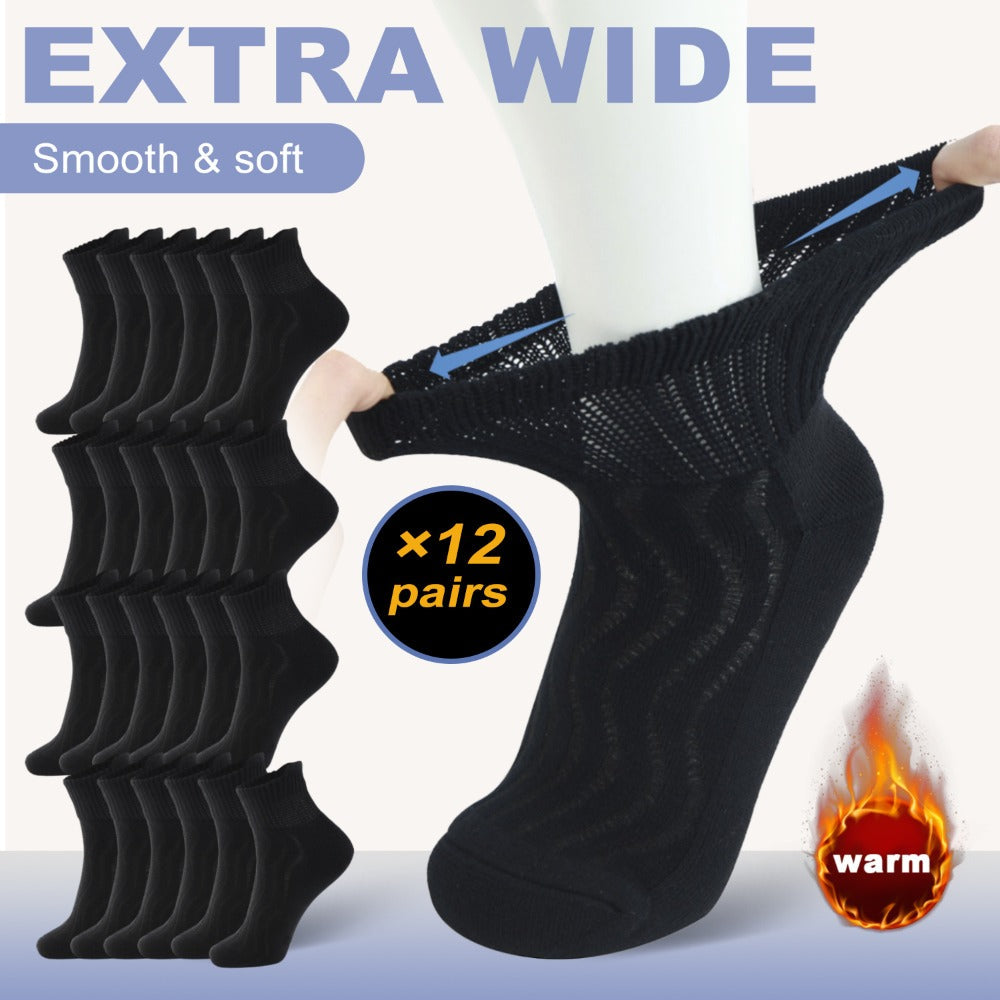 Diabetic Socks for Men & Women, 12 Pairs Non-Binding Wide Top Ankle Socks with Extra Cushioned Sole, Seamless Toe, Soft Cotton Comfort Socks for Sensitive Feet, Black & White
