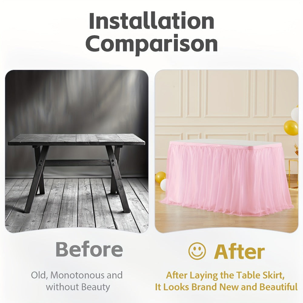 Pink Tutu Table Skirt 6ft ¨C Ruffle Tulle Table Skirt for Rectangle & Round Tables, Princess Girls Birthday Party, Cake Dessert Table Decor, Gold Brim, Multiple Colors Available