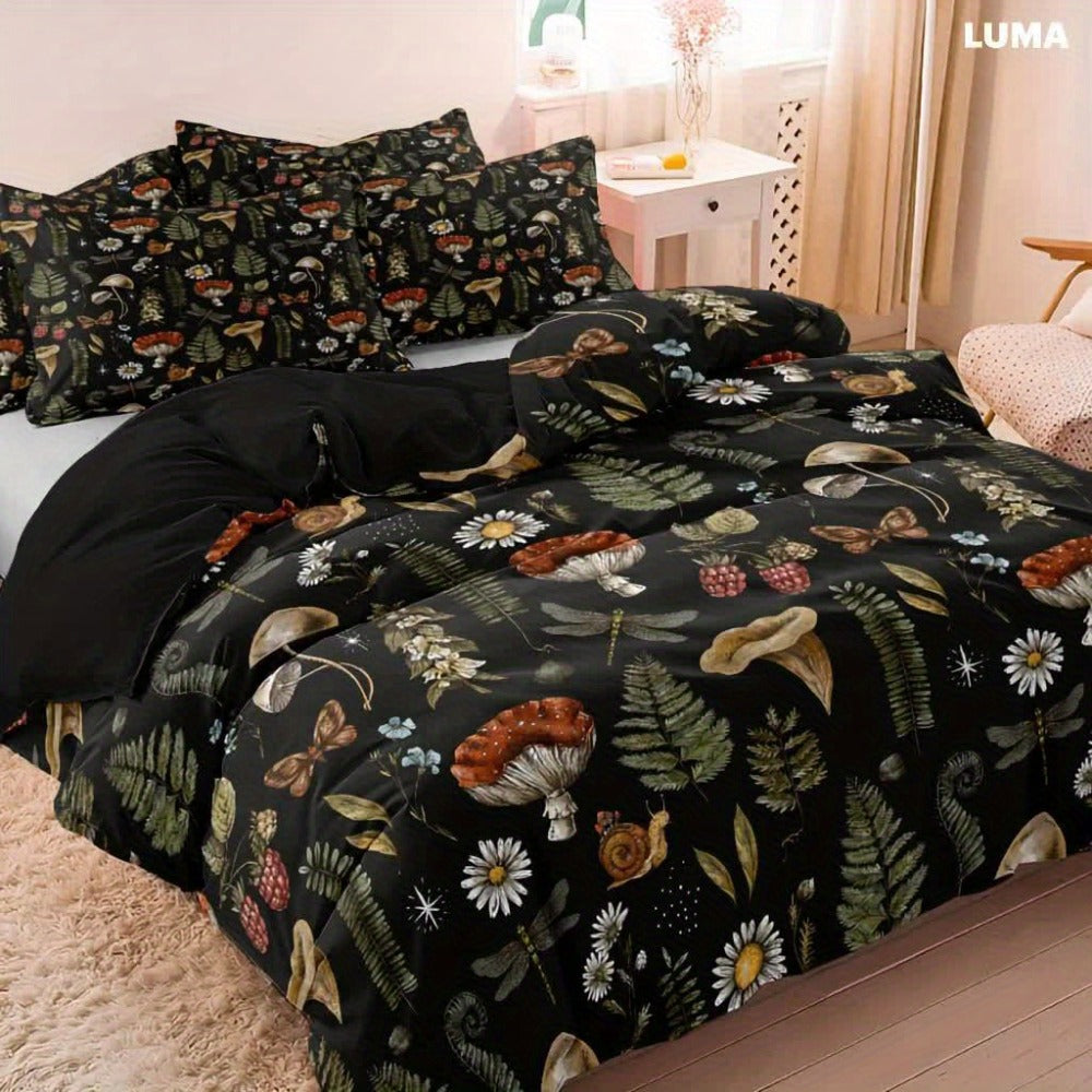 Duvet Cover Set 3-Piece Forest Mushroom Pattern ¨C Soft Polyester Bedding with Zipper Closure, Twin Full Queen King ¨C Bedroom & Guest Room