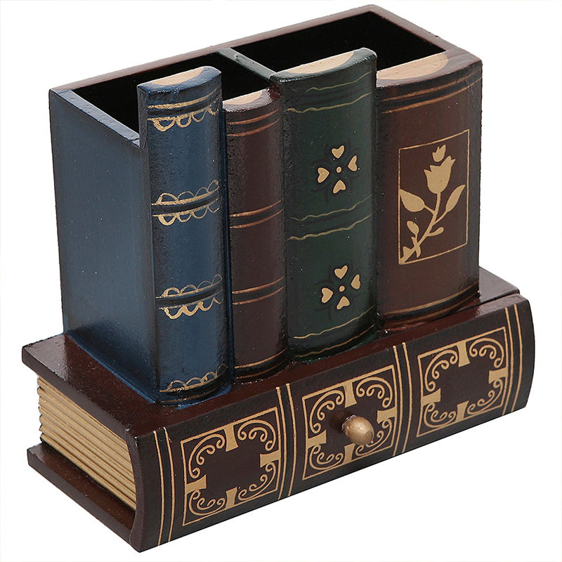 Wooden Pen Holder with Drawer Book-Shaped Desk Organizer, Vintage Retro Wood Desktop Storage Box with Hidden Drawer for Pens Pencils Remote Control, Decorative Office Home Study Room Gift