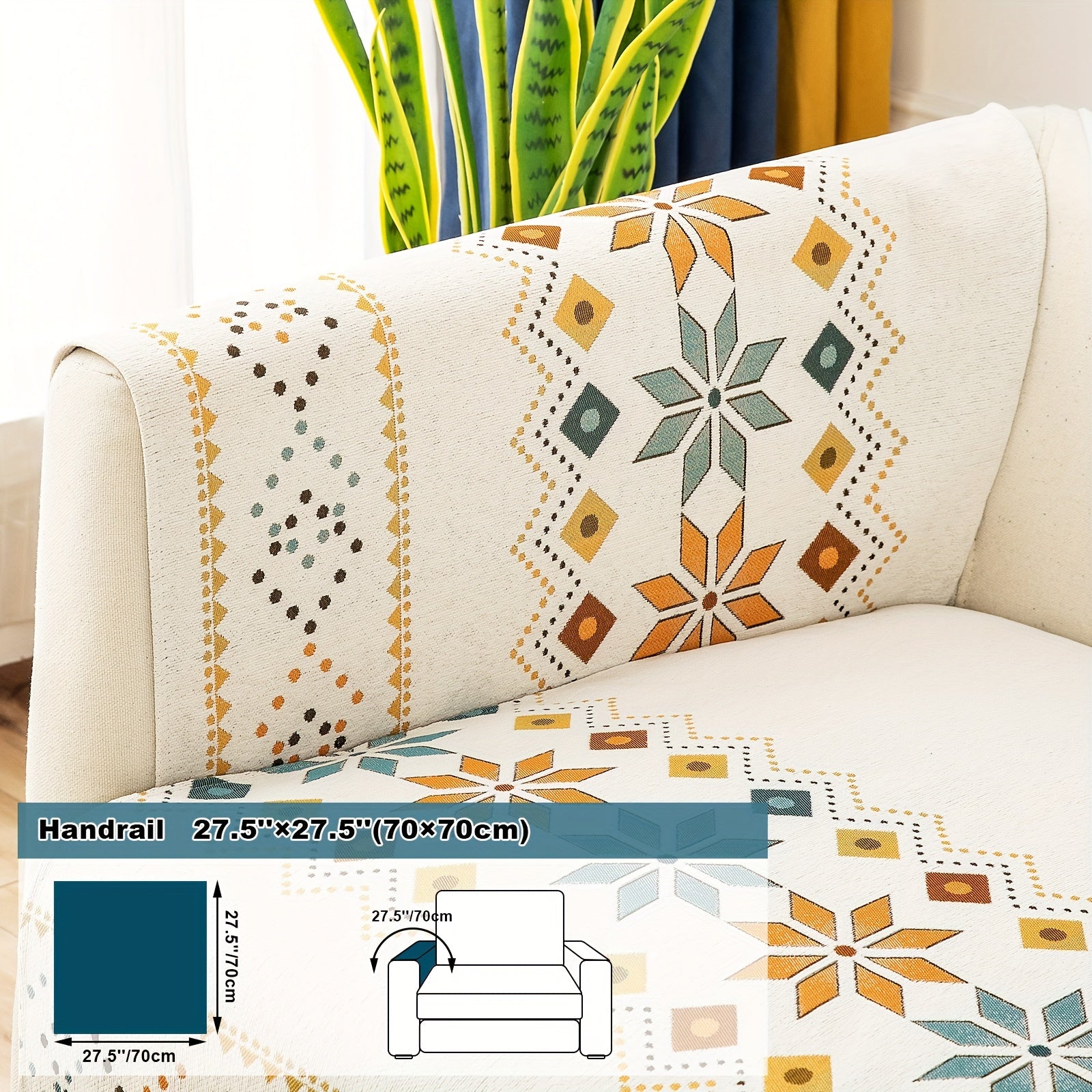 Bohemian Chenille Sofa Cover | Geometric Print Non-Slip Couch Slipcover, Thick Plush Boho Style, 1 to 4 Seat, Armrest & Backrest, Machine Washable, Sectional Sofa Protector