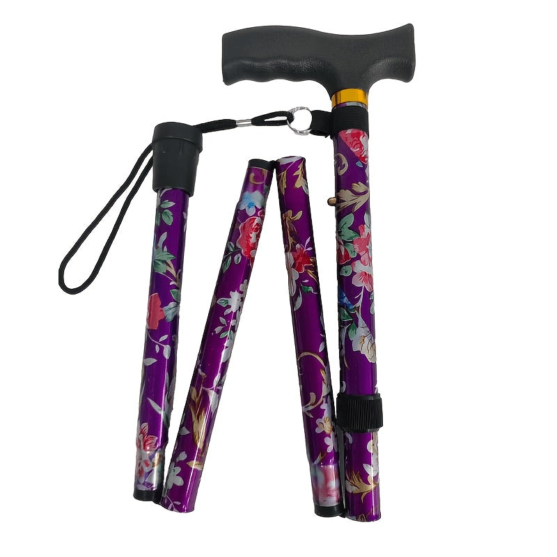 Foldable Walking Cane for Seniors Adjustable Height Folding Stick with Wrist Strap T-Handle Printed Design Portable Lightweight Mobility Aid Gift for Parents