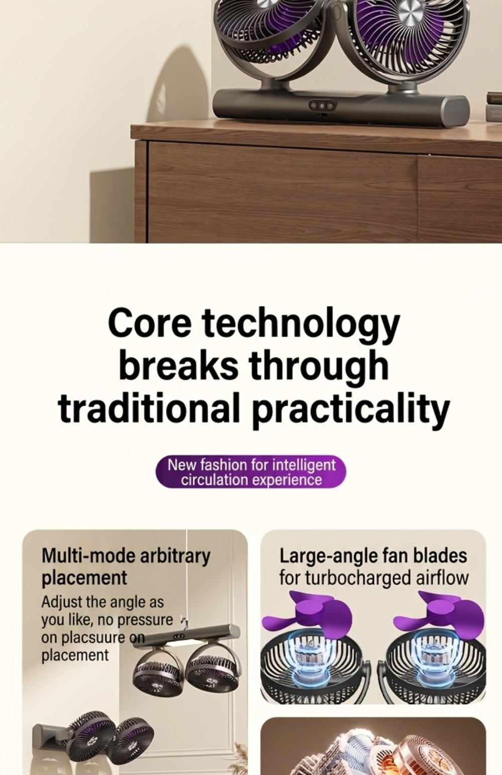 Double Head Air Circulation Fan USB Rechargeable | Desktop & Wall-Mounted 3-Speed Dual-Head Fan with Atmosphere Night Light, Multi-Angle Airflow for Camping, Home & Office ¨C Grey & White