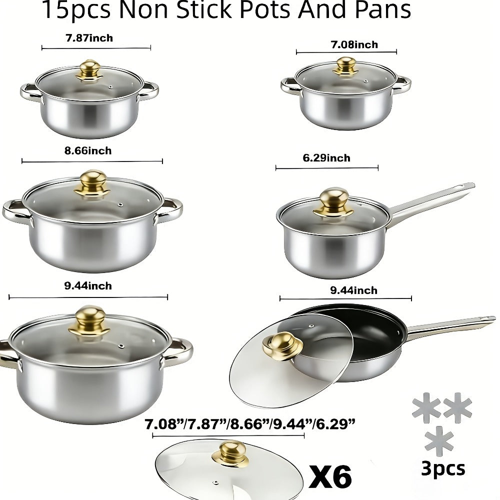 Stainless Steel Cookware Set 10 12 15 Piece Pots with Lids Double Handles Cooking Pot Set for Soup Hot Pot Noodles Pasta Home and Restaurant Kitchen Multiple Colors and Sizes Available