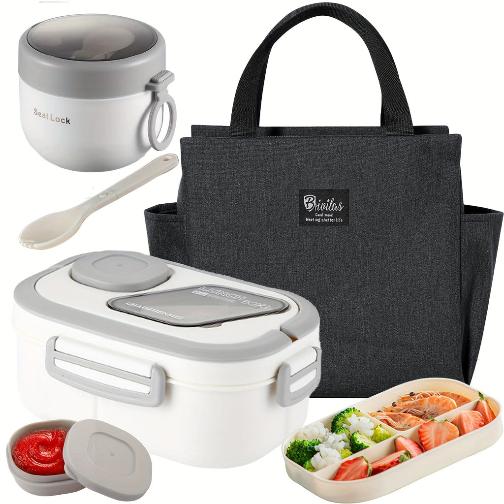2-Layer Bento Lunch Box Set with Cup and Meal Bag - Multi-Grid Lunch Box for School, Office & Outdoor Picnics, Food Storage Container with Milk Cup, Salad Cup, Coffee Cup or Soup Bowl, Pink Blue Green White