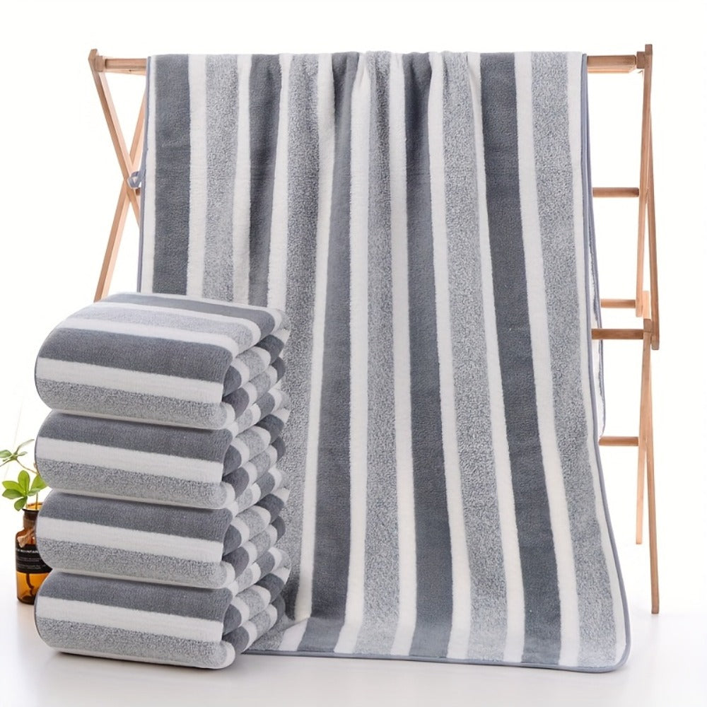 Striped Bath Towel Set 1 or 4 Pack 346GSM - 100% Polyester Super Soft Skin Friendly Absorbent Quick Dry | 70x140cm 27.6x55.1in | Green Gray Red Multi-Color | Home Bathroom Beach Essentials